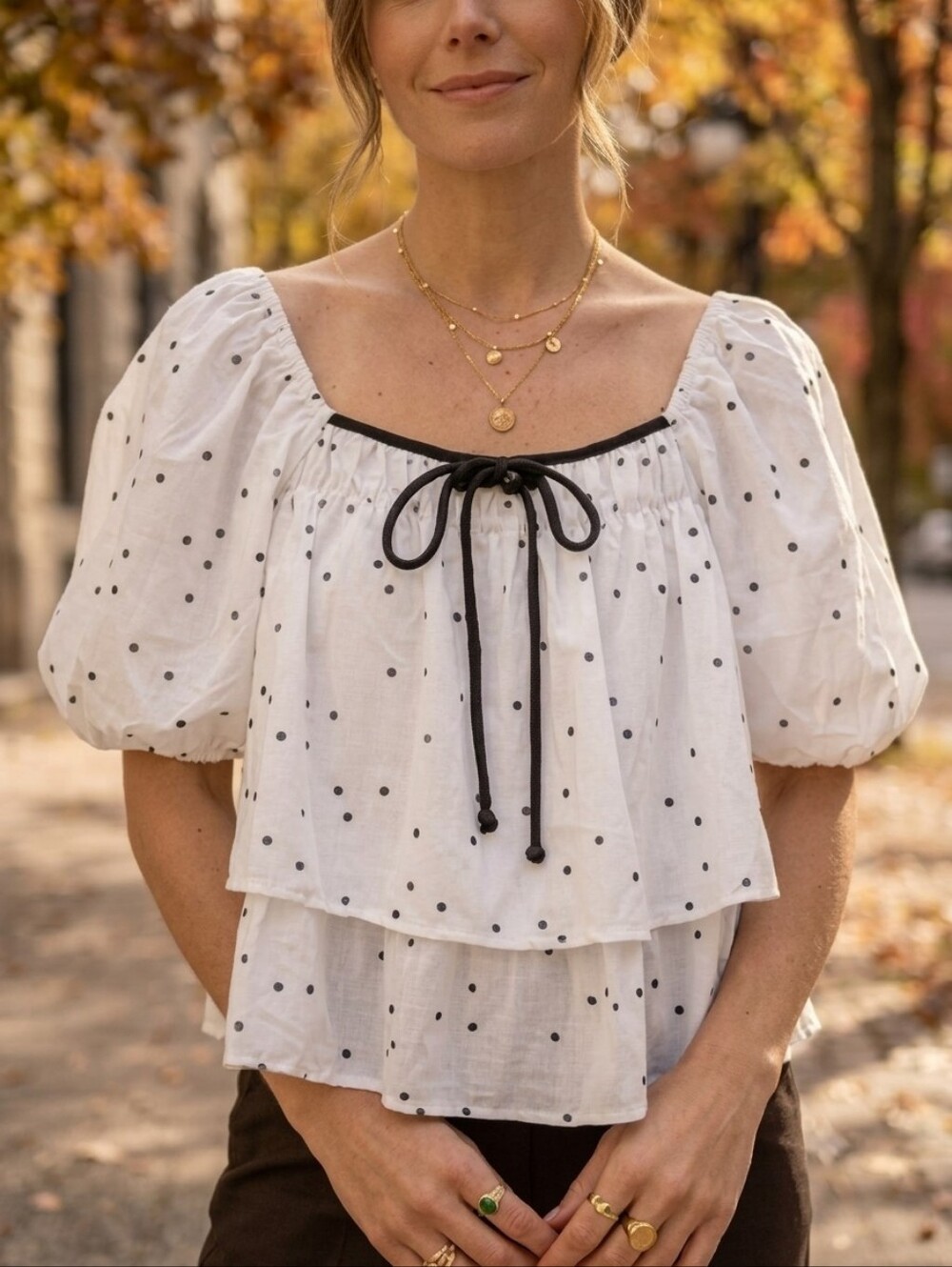Polka Dot Puff Sleeve Tie Front Blouse Coquette Cottagecore Peplum Top